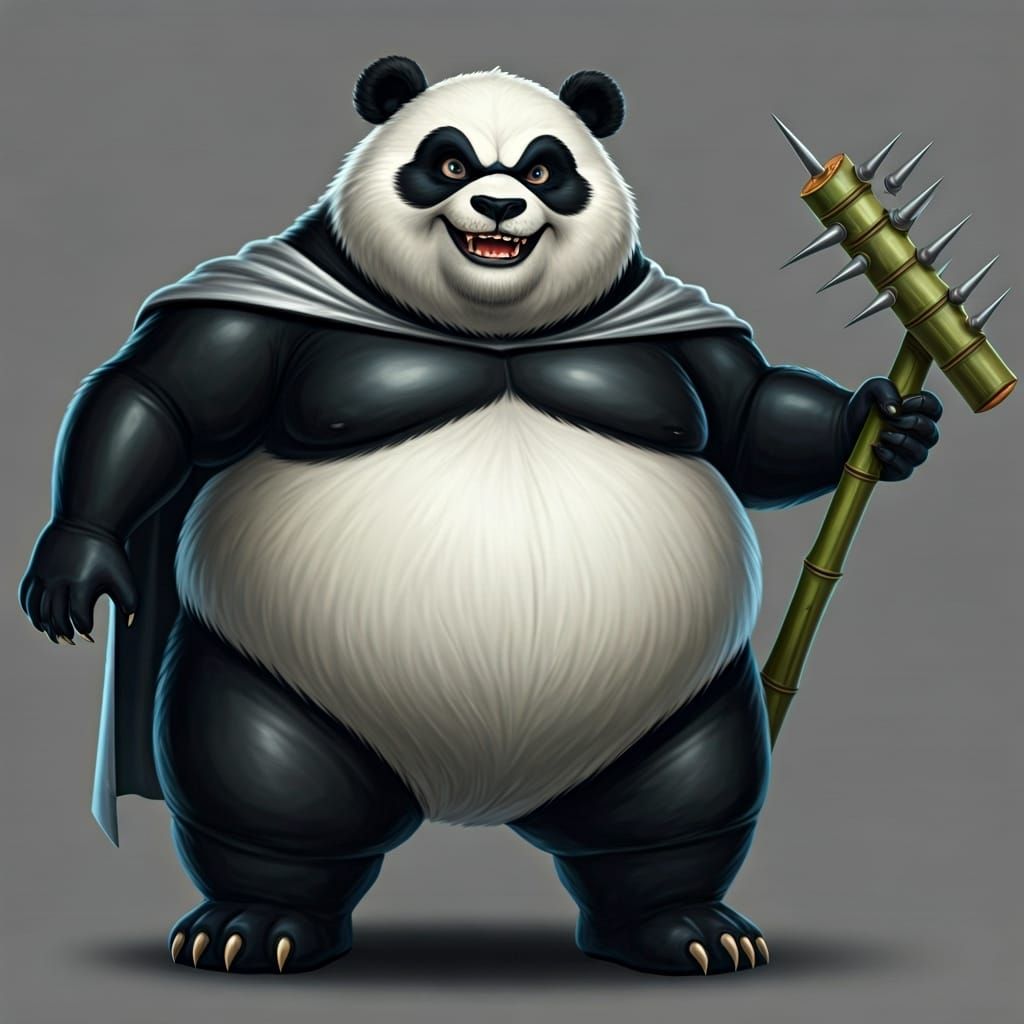Panda Supervillain with Evil Grin and Bamboo Pike