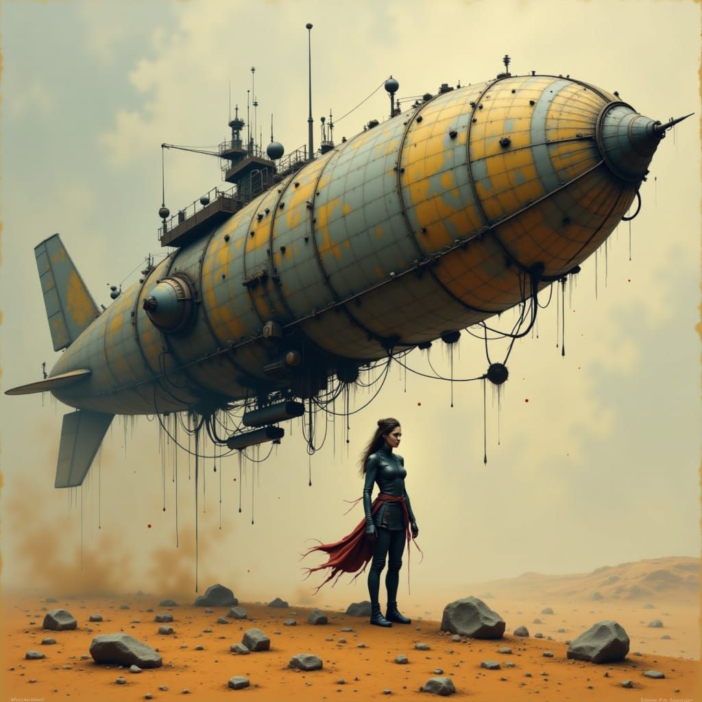 Steampunk Cyborg Zeppelin Pilot in Desert Crash