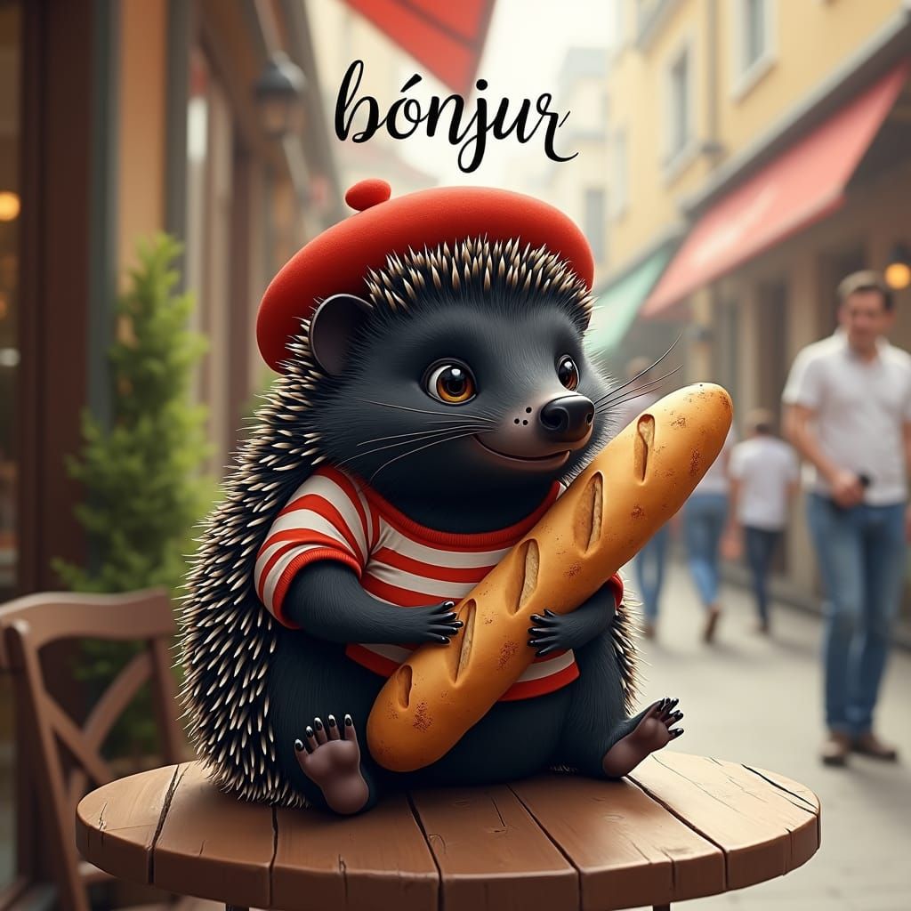 Black Hedgehog in Beret at Café, Realistic Style