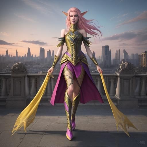 Elven Woman in Cityscape: Hyperrealistic Photography