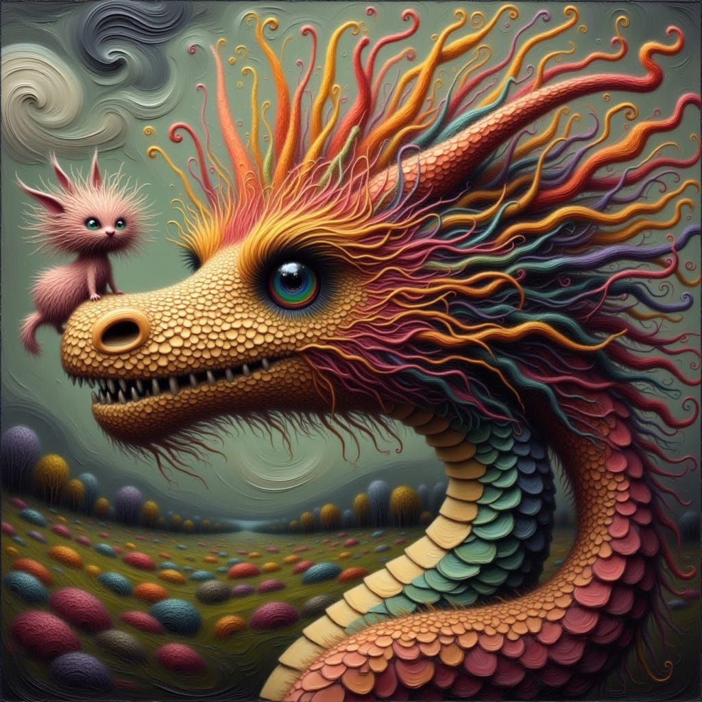 Dragon's Fiery Breath Meets Tiny Rainbow Creature