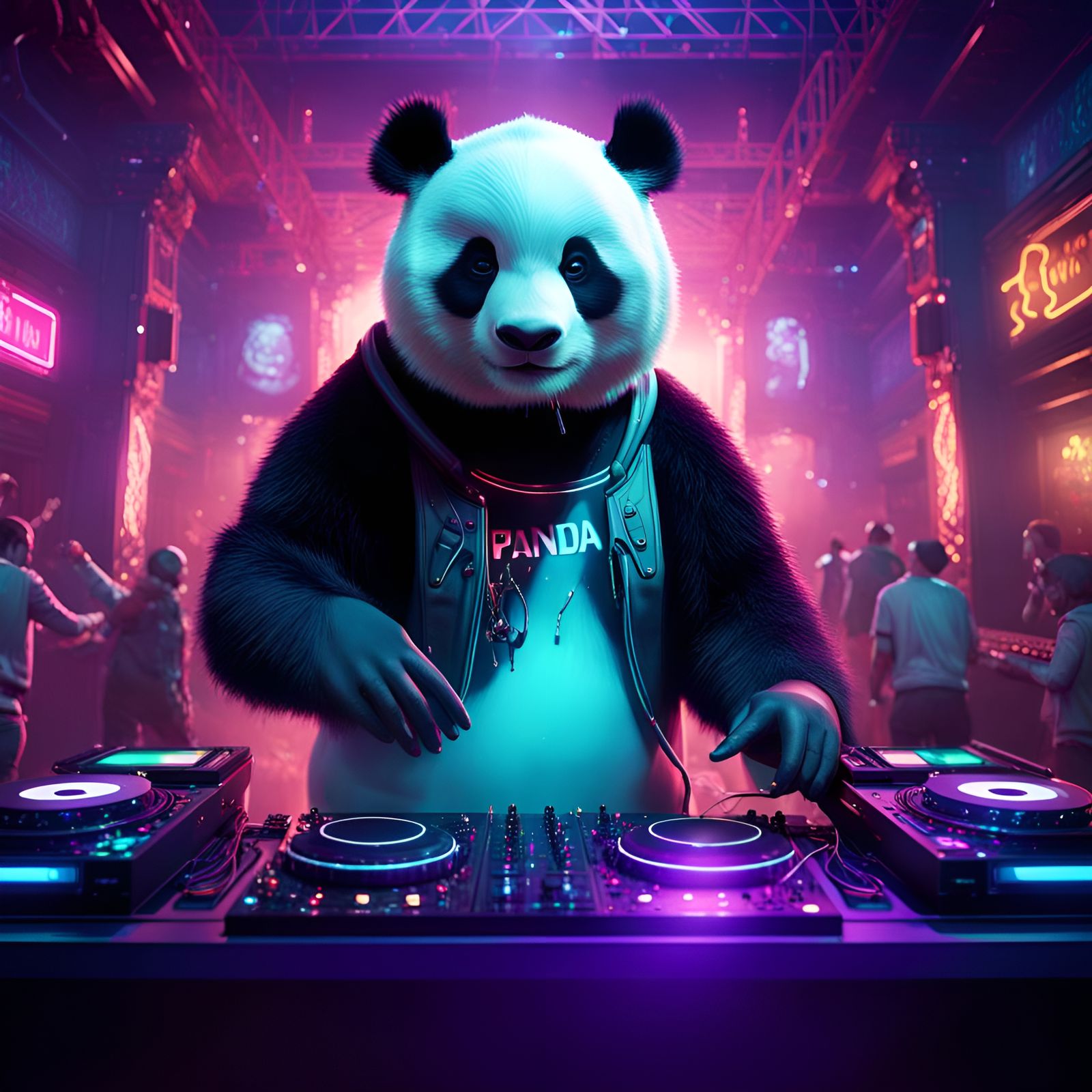Panda Bear DJ in Nightclub: Detailed Matte Painting