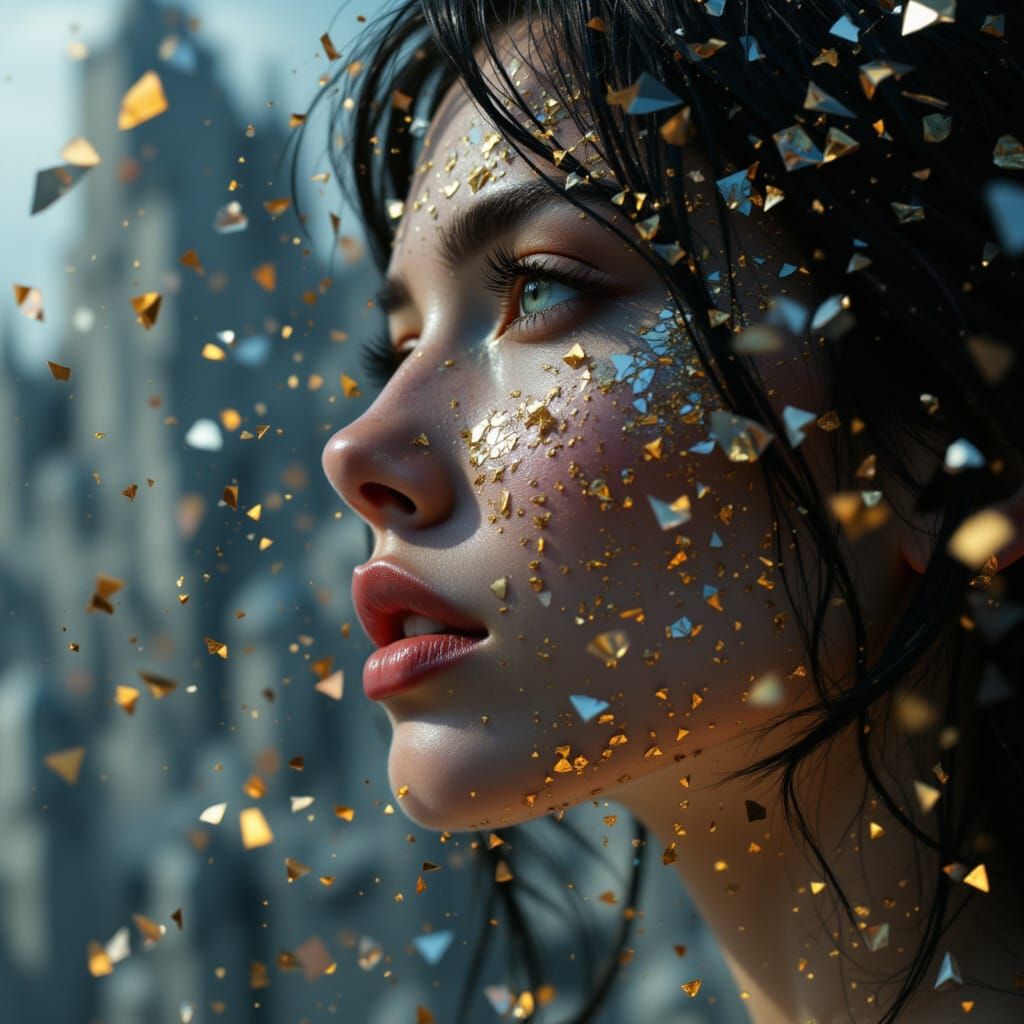 Woman's Face Dissolving into Crystal Shards and Metallic Pai...
