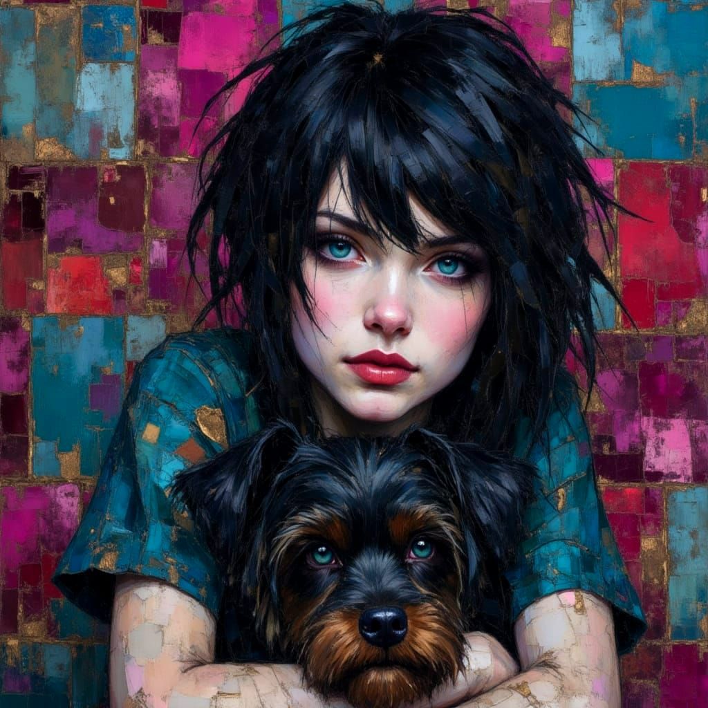 Punk Girl Portrait with Westie, Watercolor Coffee Art