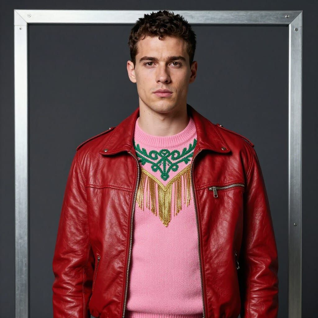 Man in Red Jacket with Pink Sweater and Gold Fringes