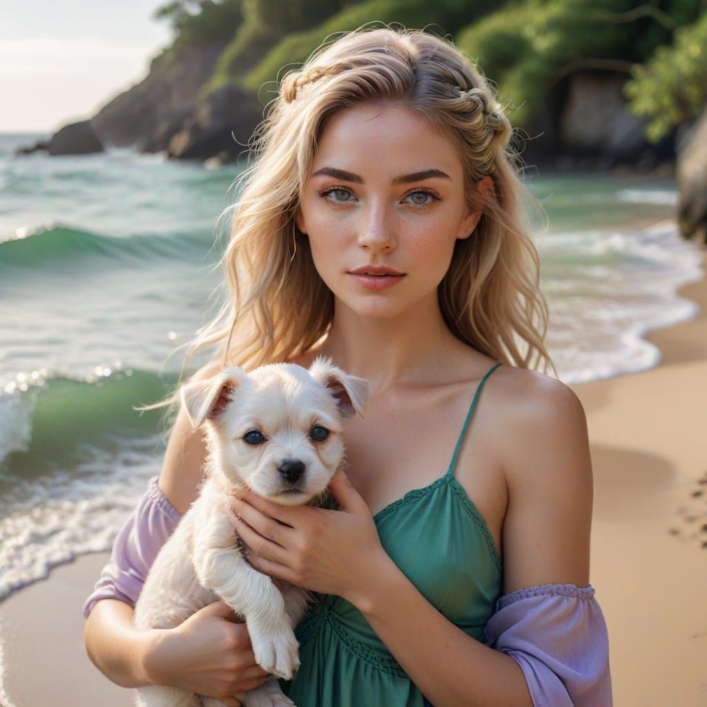 Radiant Young Woman in Floral Gown Holding a Puppy