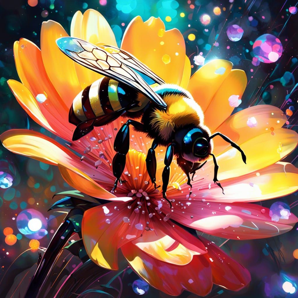 Metal Flower with Bee in Digital Painting Style