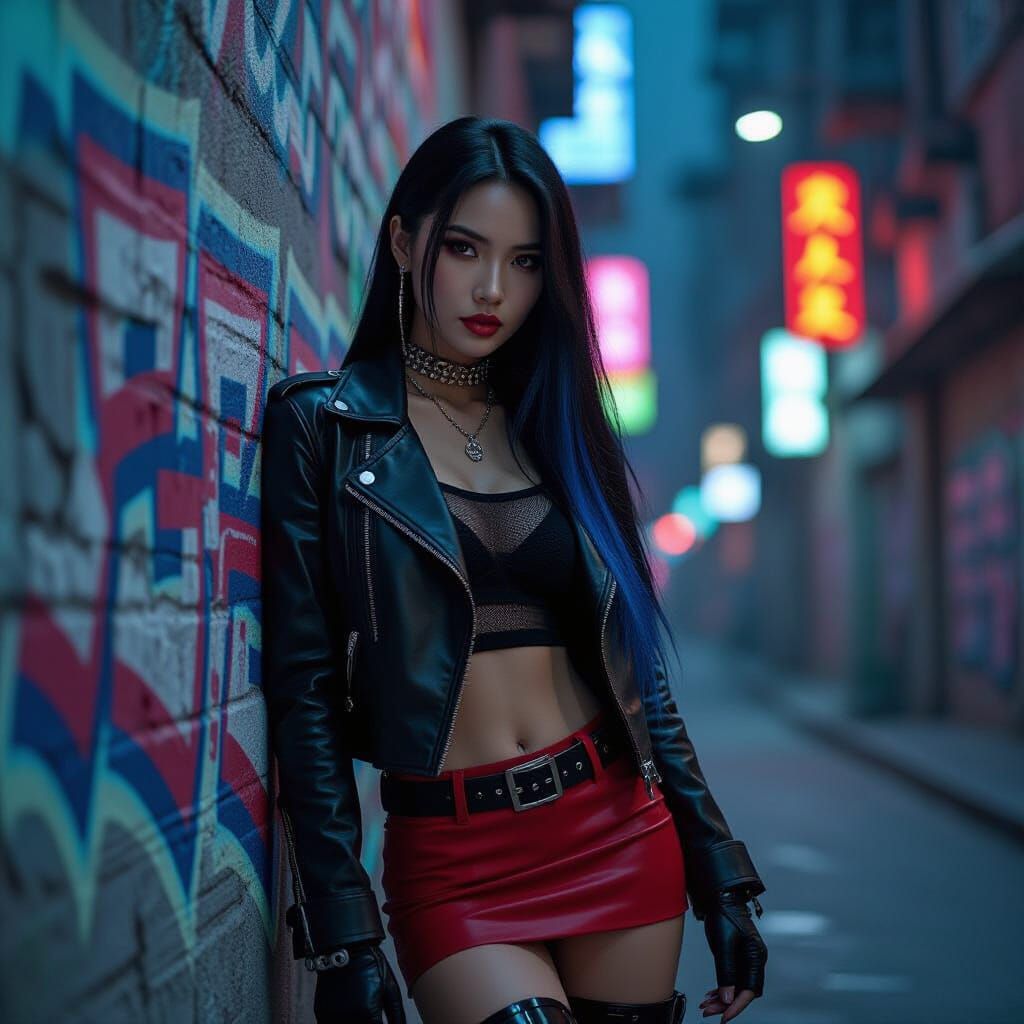 Cyberpunk Woman in Neon Shanghai-Inspired Cityscape