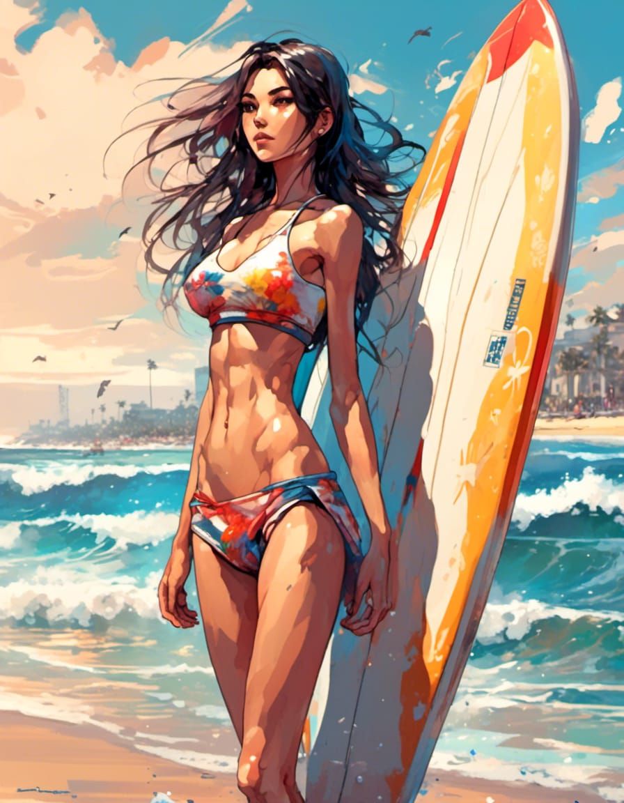 Alluring Brunette Surfer Girl in Anime Style