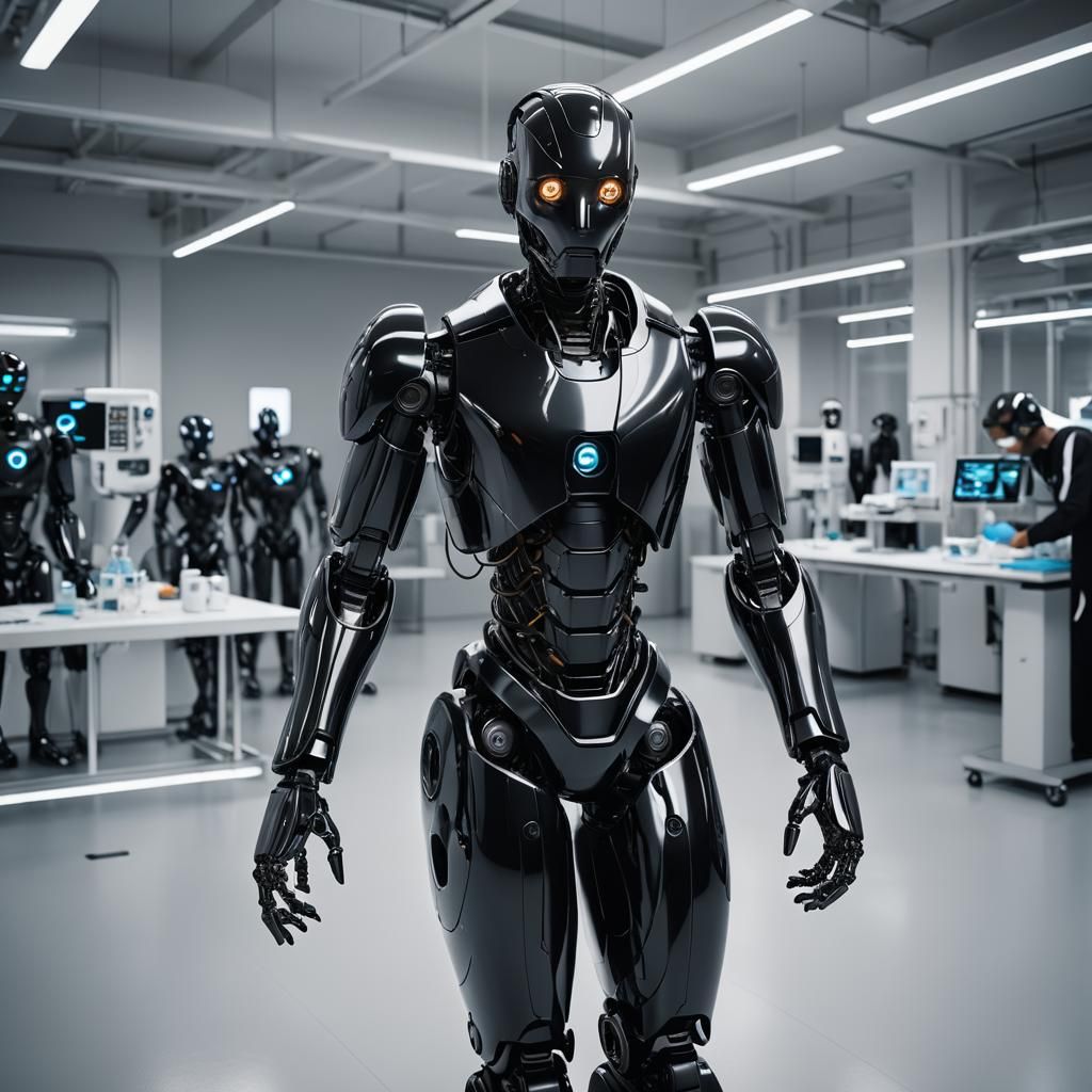 Futuristic Black Robot in High-Tech Environment