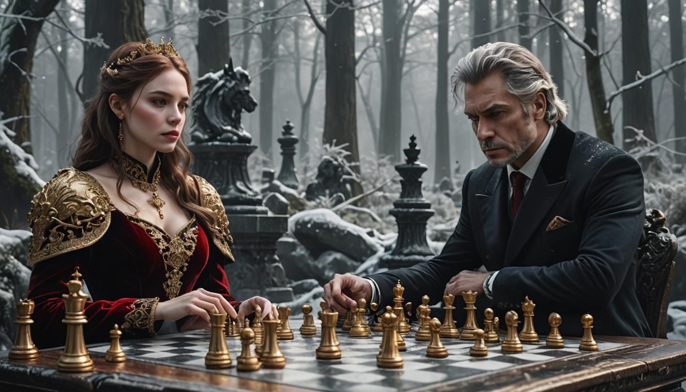 Chess Game in Misty Forest: Art Nouveau Portrait