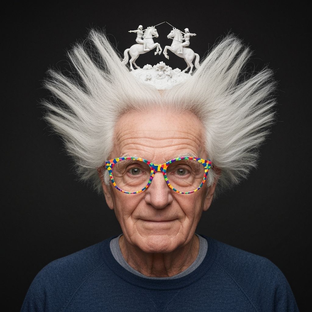 Whimsical Old Man with Jousting Scene Hair Sculpture
