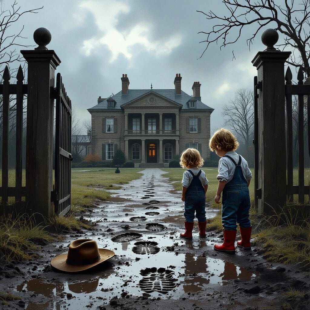 Grand Mansion Facade with Children Exploring Footprints