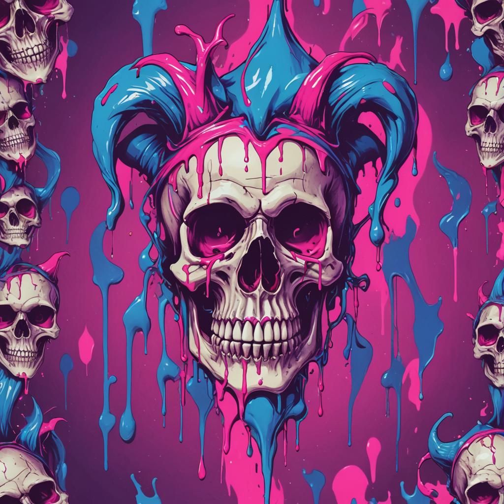 Synthwave Jester Skull with Neon Drips