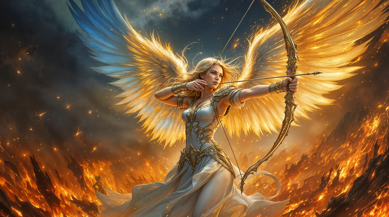 Celestial Warrior Aims Golden Bow Amidst Emberstorm