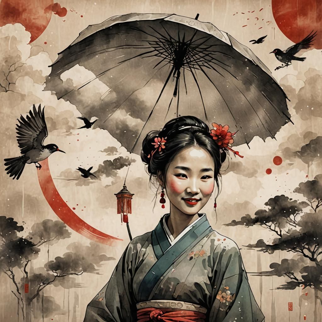 Smiling Woman with Bird: Chinese Ink Painting