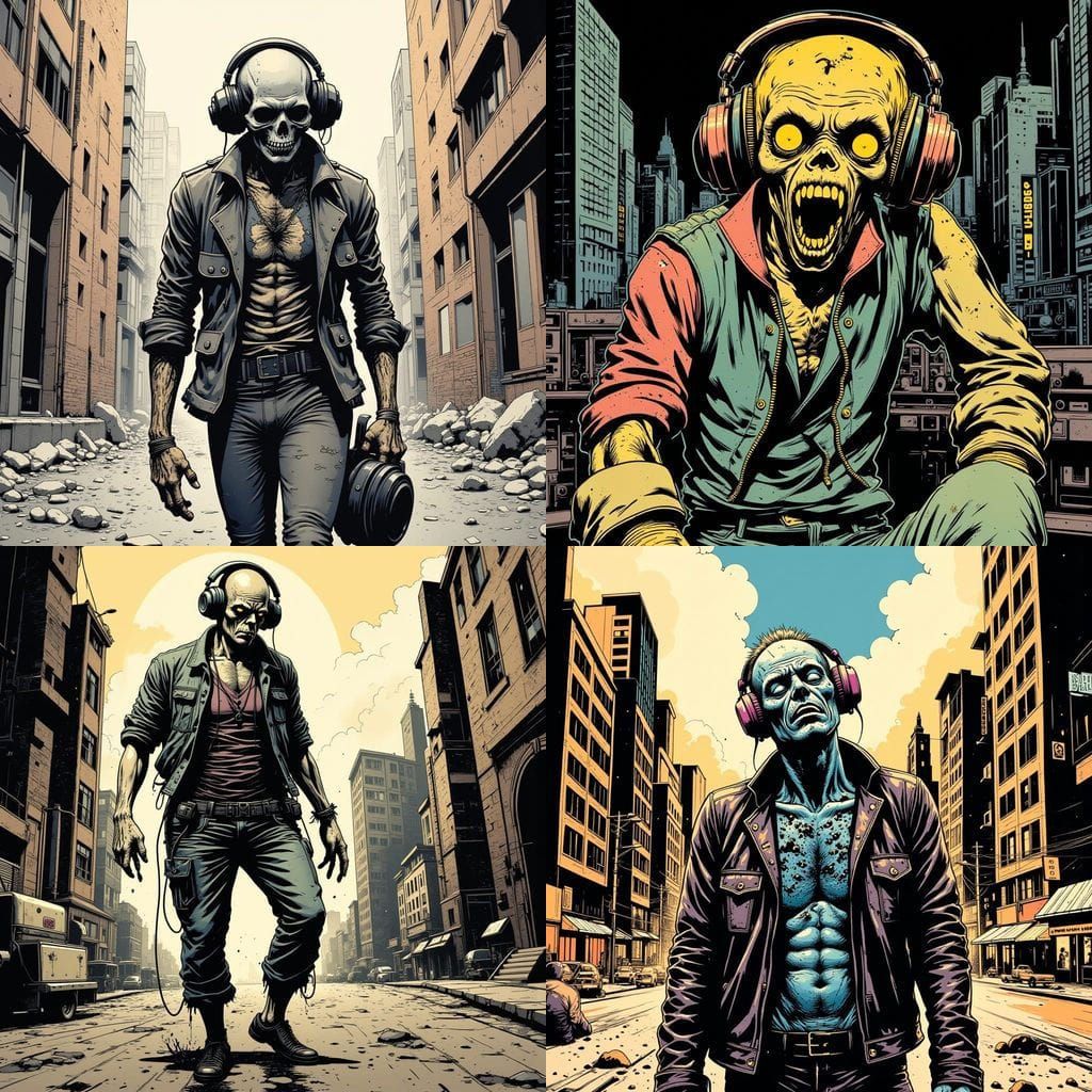 Zombie with Headphones in Linoleum Print Style