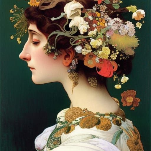 Surreal Portrait of Confused Woman in Art Nouveau Style