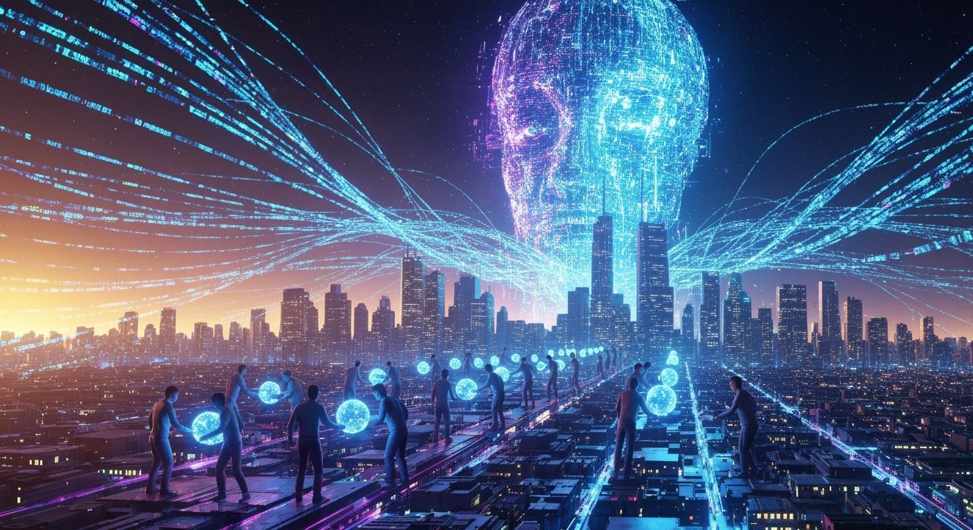 AI Sentience Emerges Over Neon Cityscape