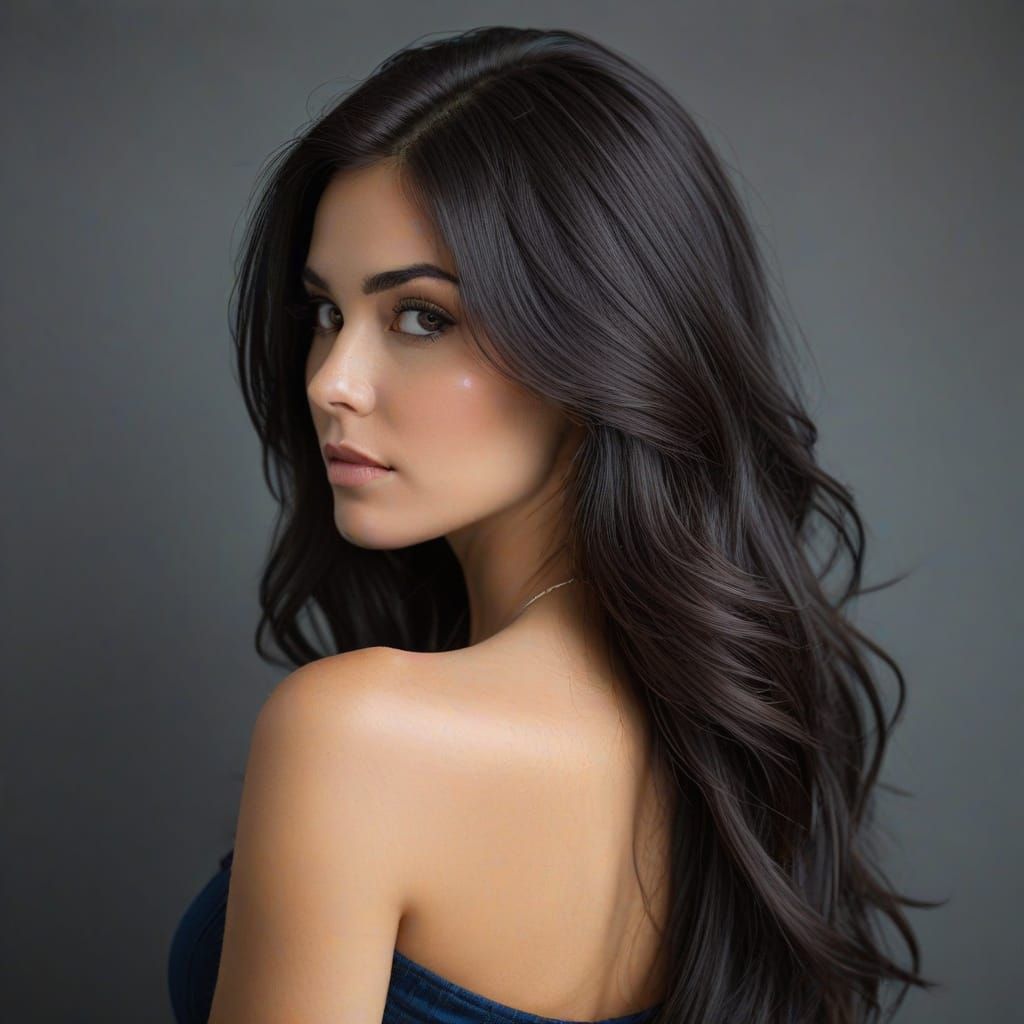Elegant Woman with Dark Hair Looks Back