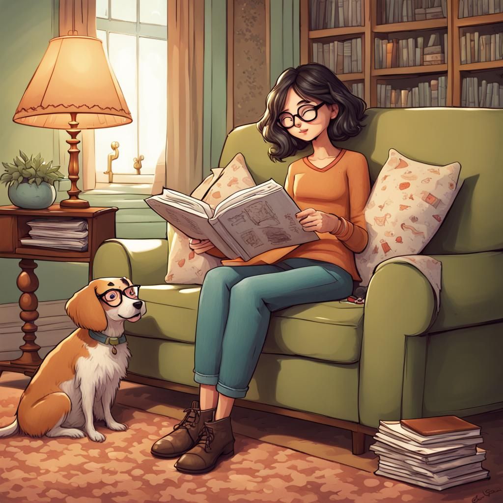 Cartoon Girl Reads to Dog: Cozy Storybook Illustration