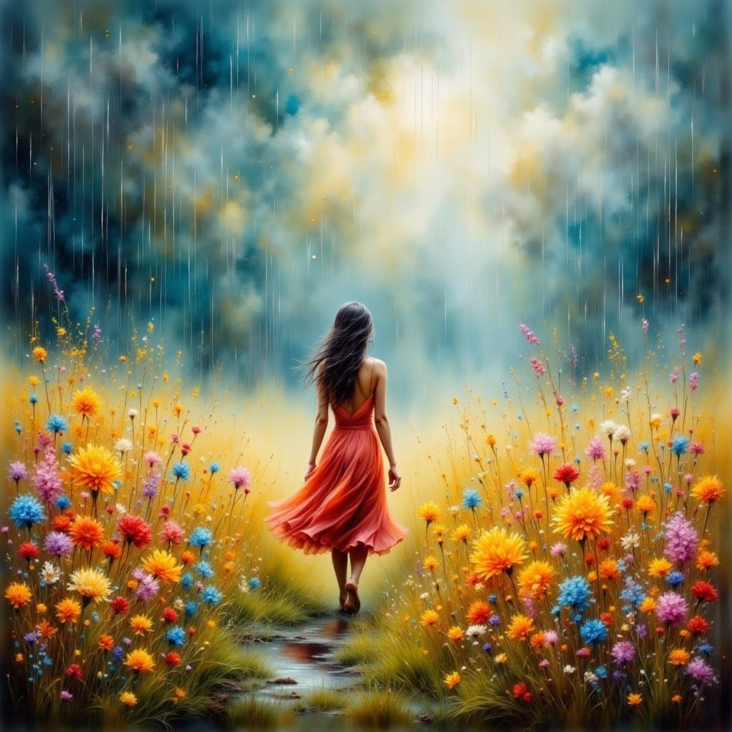 Model in Wildflower Field: Gouache Watercolor Painting