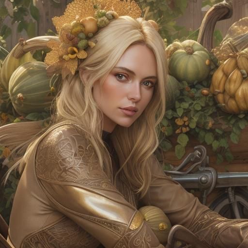 Blonde Woman on Bike Surrounded by Gourds