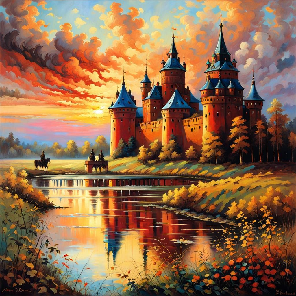 Mir Castle Sunrise with Soldiers, Detailed Rendering