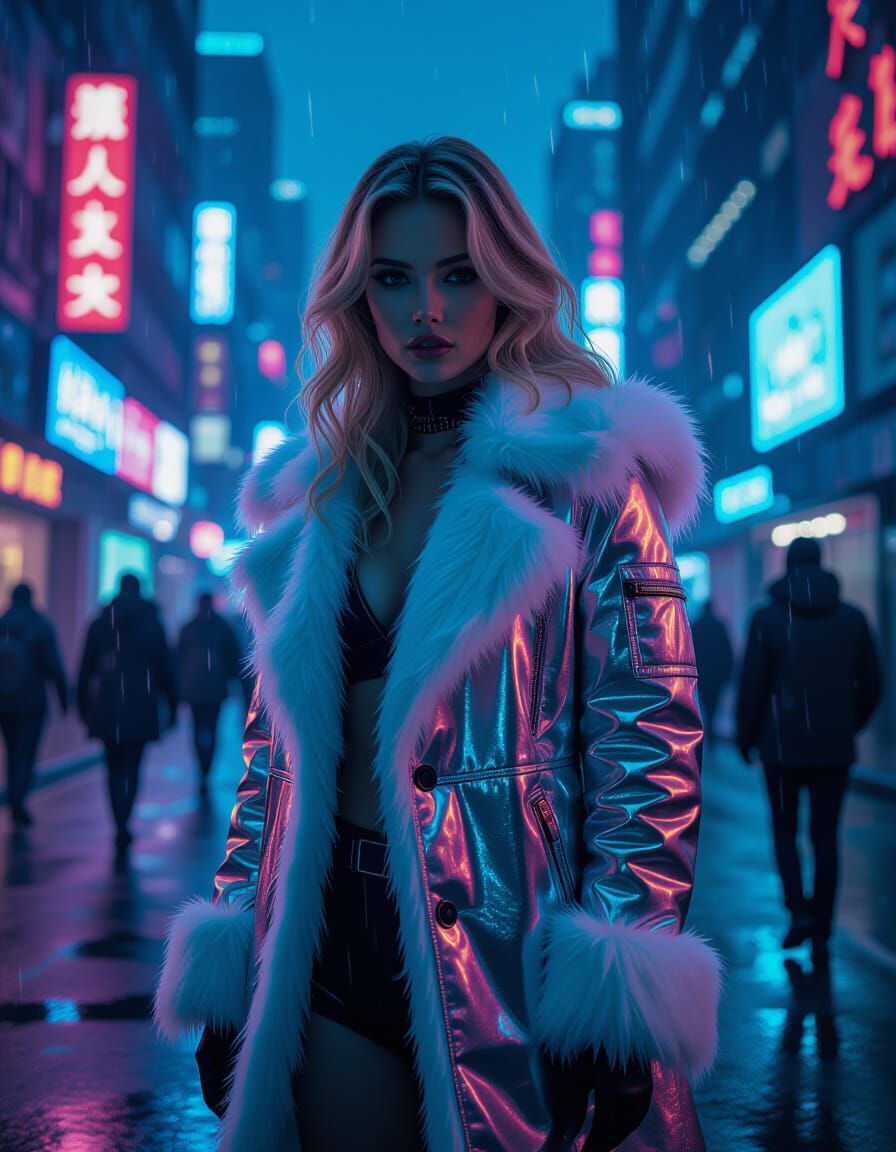 Dystopian Model in Neon Cityscape