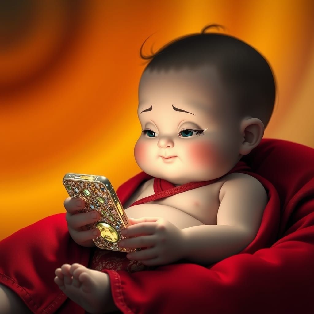 Chubby Baby Monk Intrigued by Smartphone in 3D