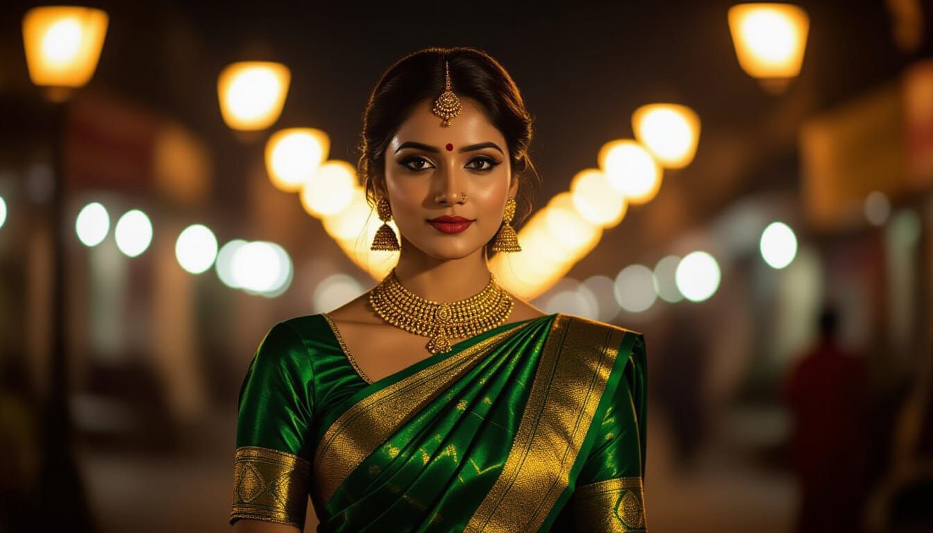 Elegant Indian Woman in Emerald Sari Portrait