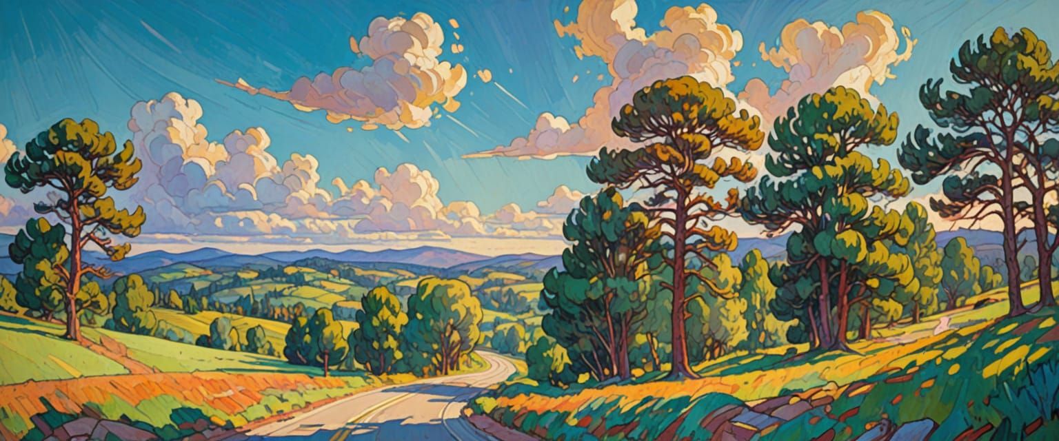 Highway Through Vibrant Landscape as Gouache Painting