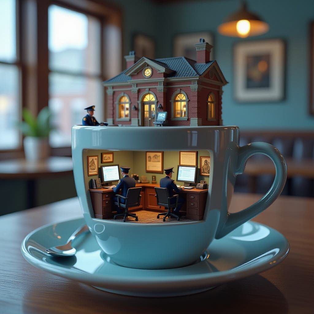 Police Station in Coffee Cup, Detailed Matte Painting