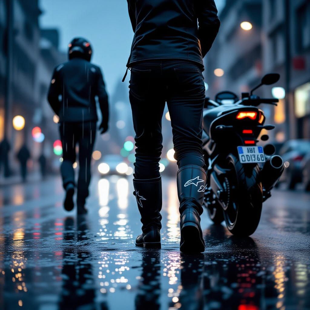 Motorcyclist in Rain: Alpinestars Boots in Noir Style
