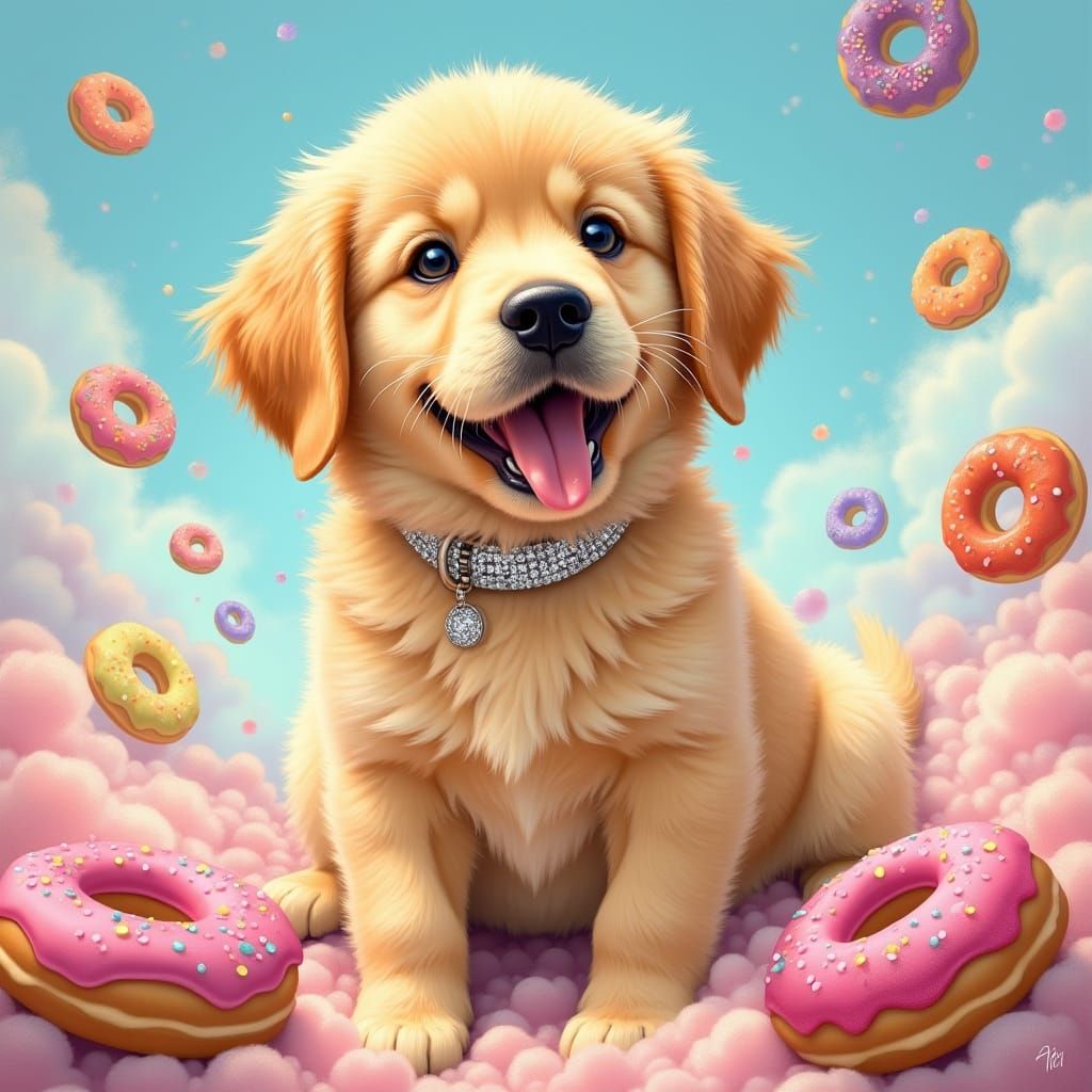 Fantastical Golden Retriever Surrounded by Whimsical Doughnu...