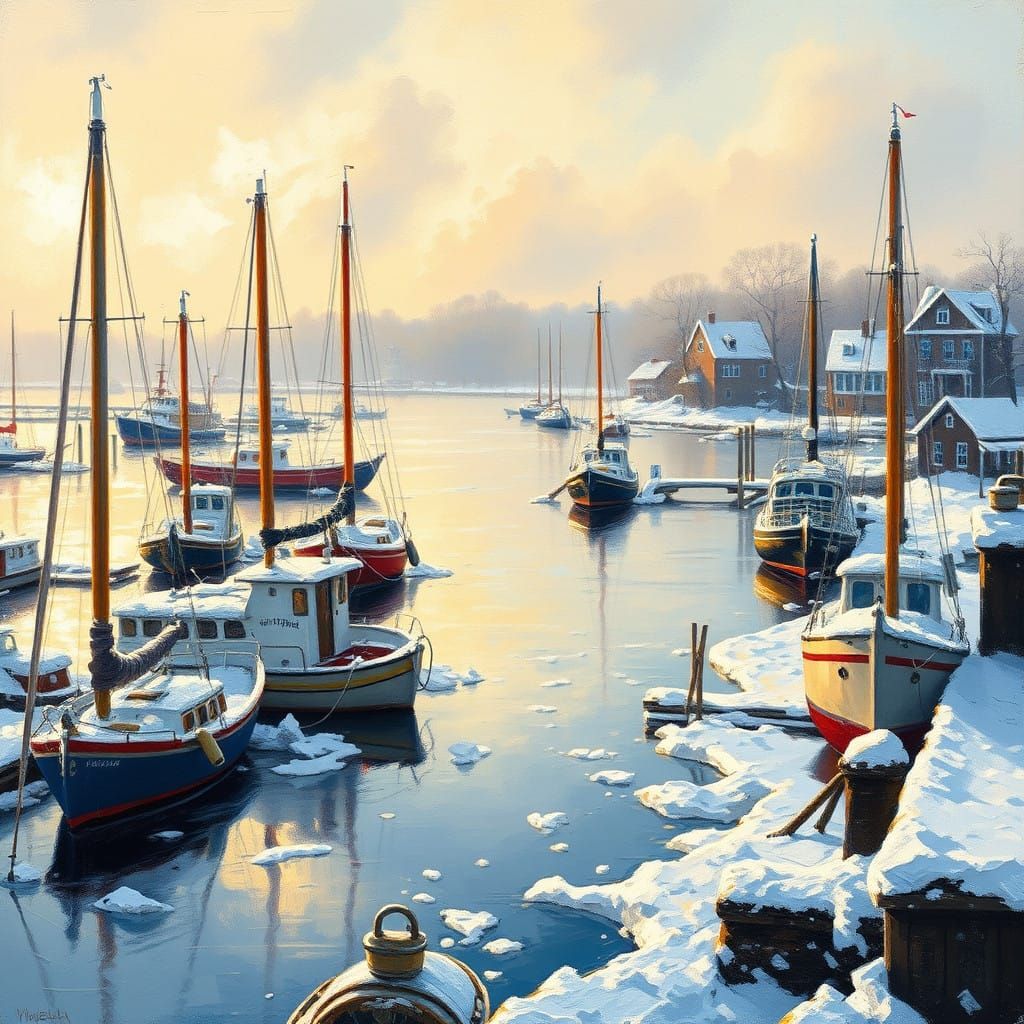 Serene Golden Winter Harbor in New York