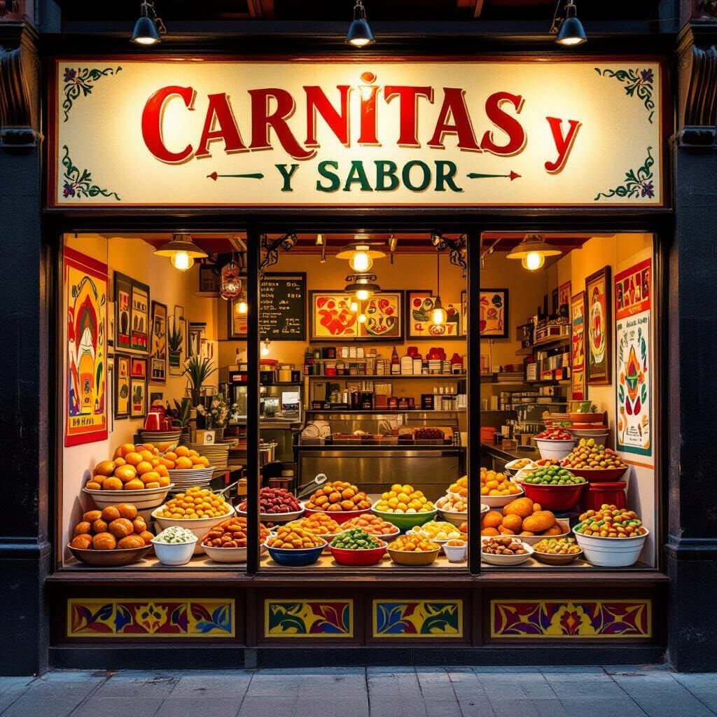 Carnitas y Sabor Snack Shop Storefront in Mexican Market Sty...