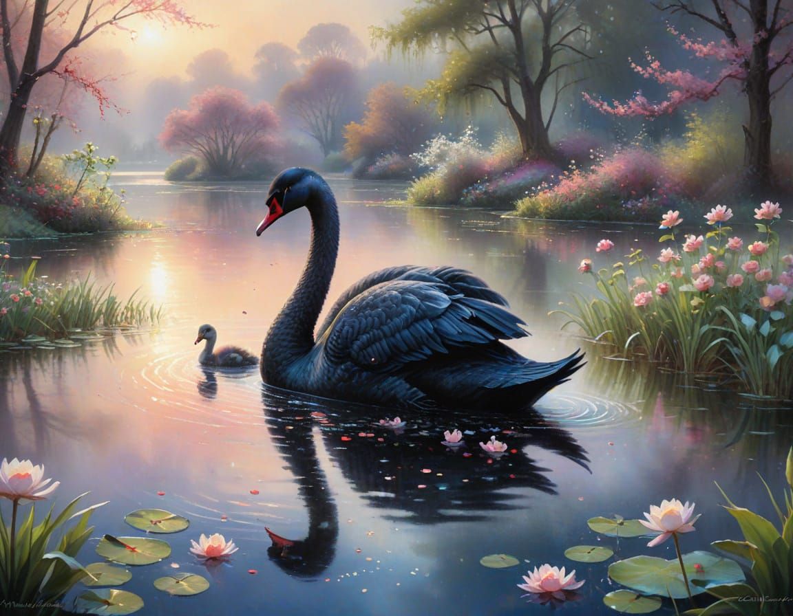 Impressionistic Watercolor of Black Swan and Cygnets at Dawn