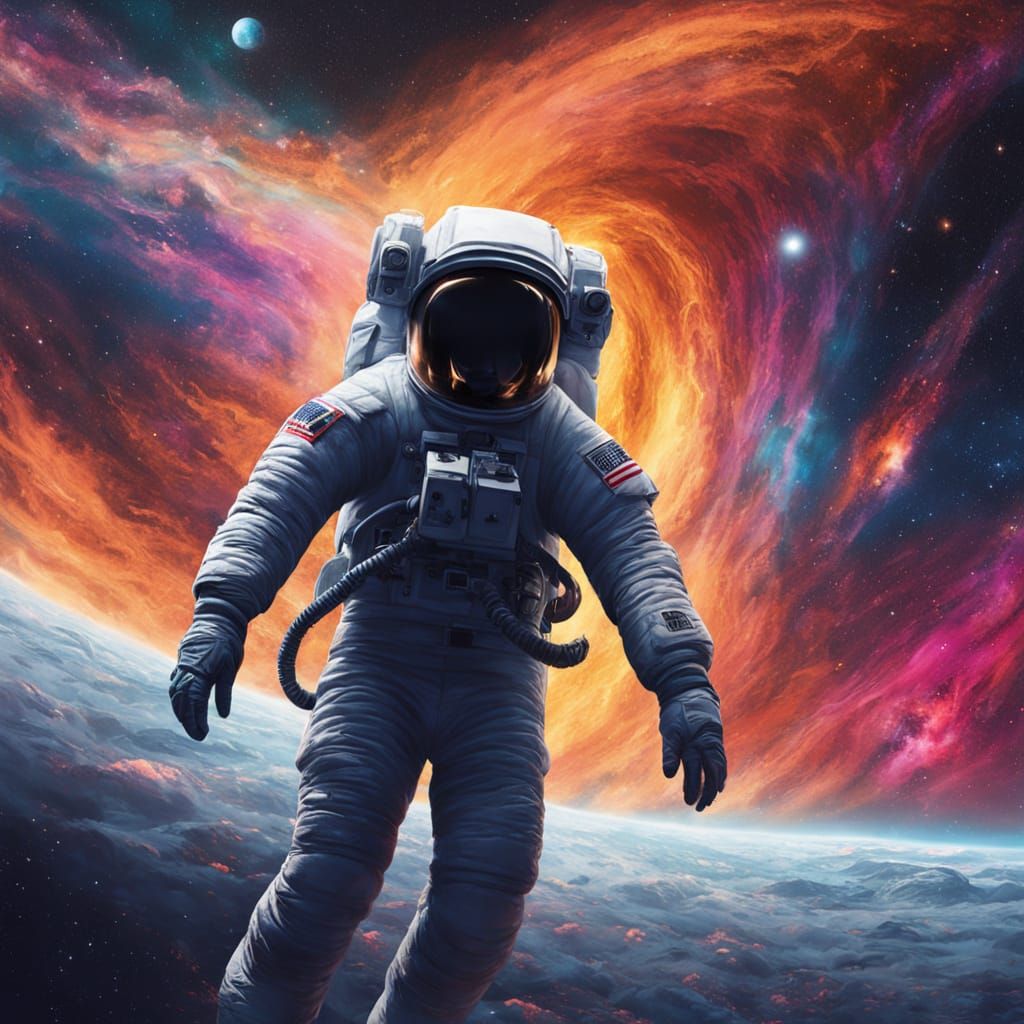 Astronaut Adrift in Swirling Galaxy, Reaching for Nebula