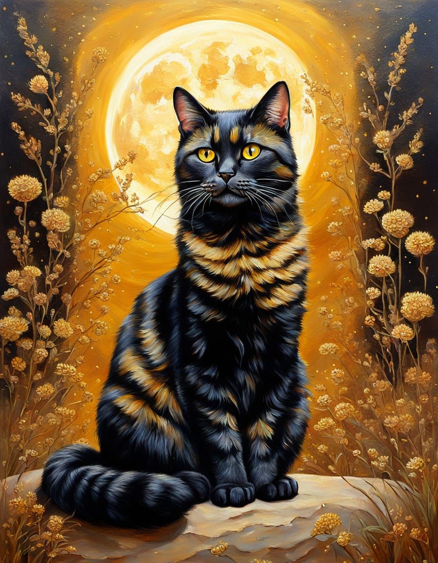 Elegant Tortoiseshell Cat in Golden Landscape Oil Painting