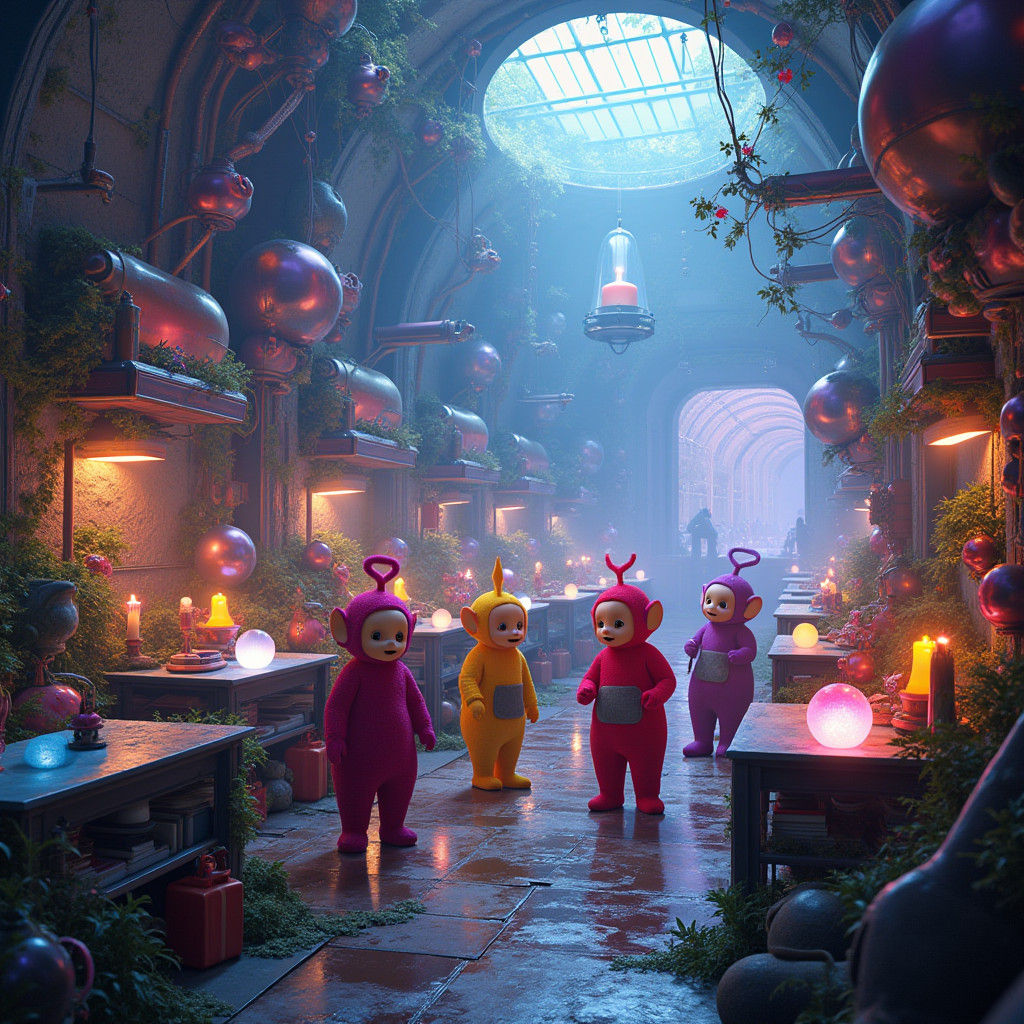Teletubbies in a Futuristic Dreamlike Classroom