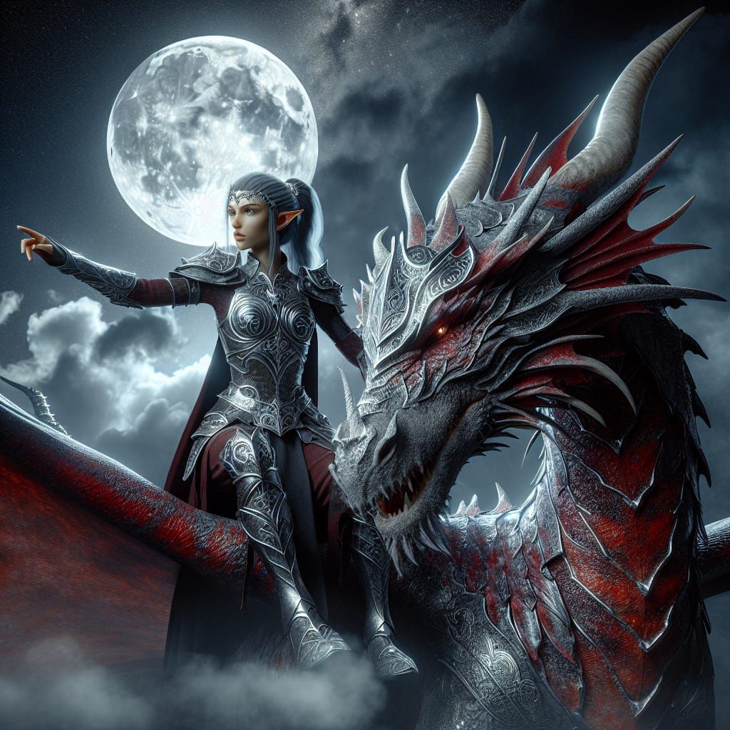 Elven Warrior on Dragon Under Moonlight