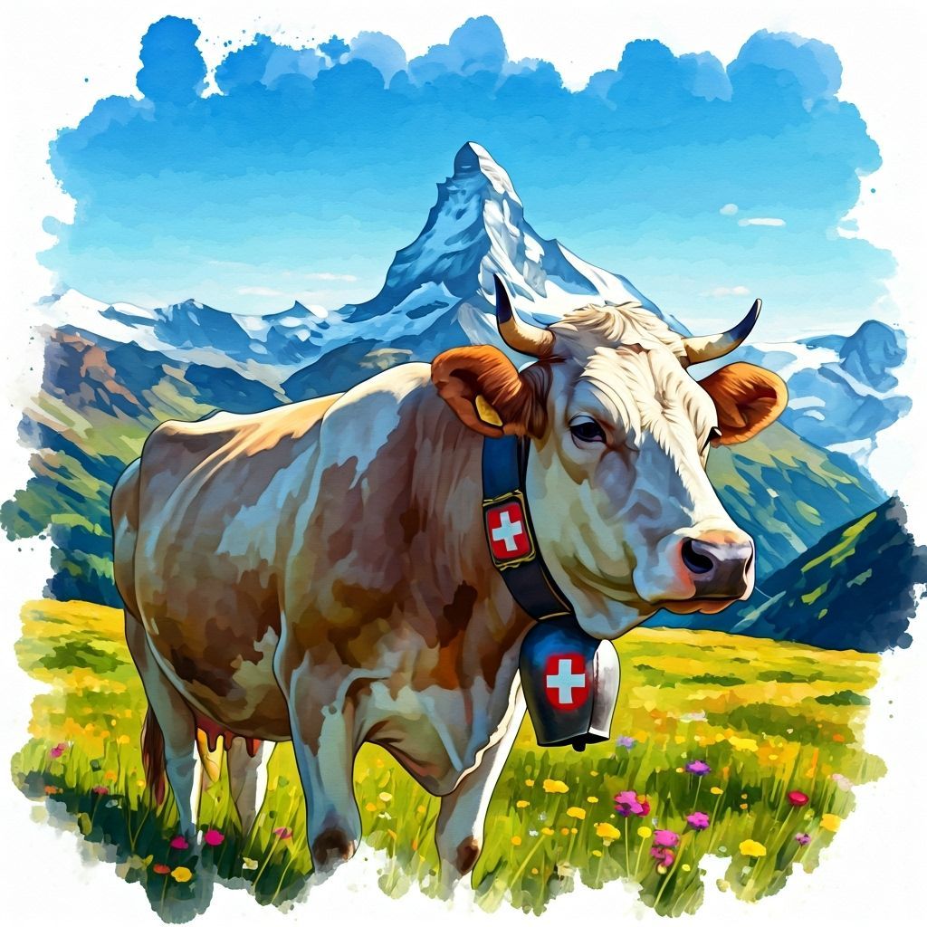 Swiss Alps Cow with Flag Bell Watercolor Landscape