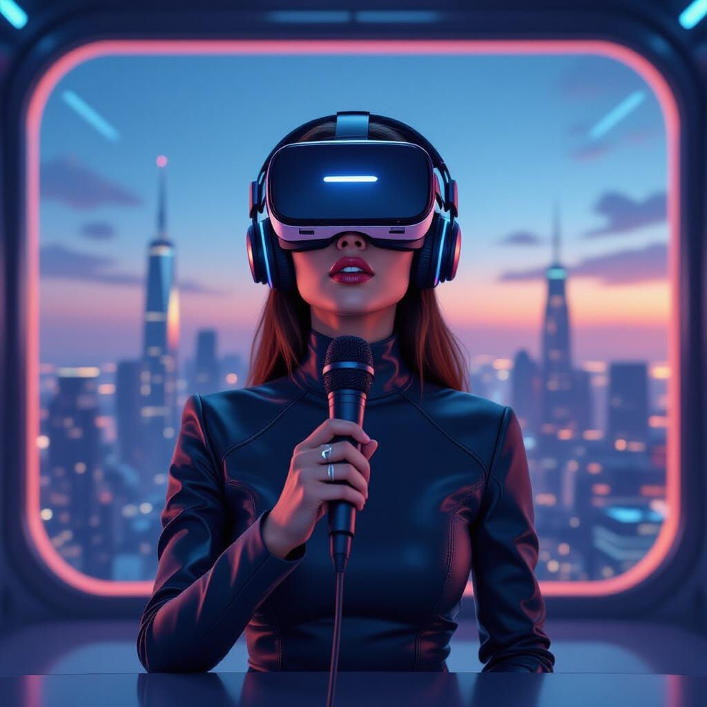 Futuristic Woman in VR Headset Speaking to Cityscape