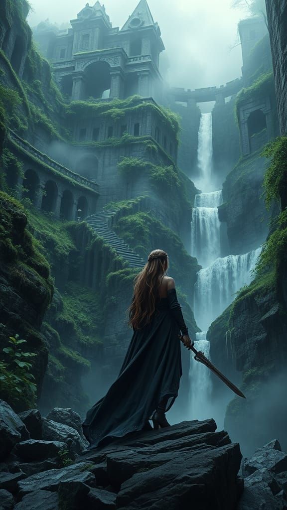 Fantasy Temple with Waterfall and Woman with Sword