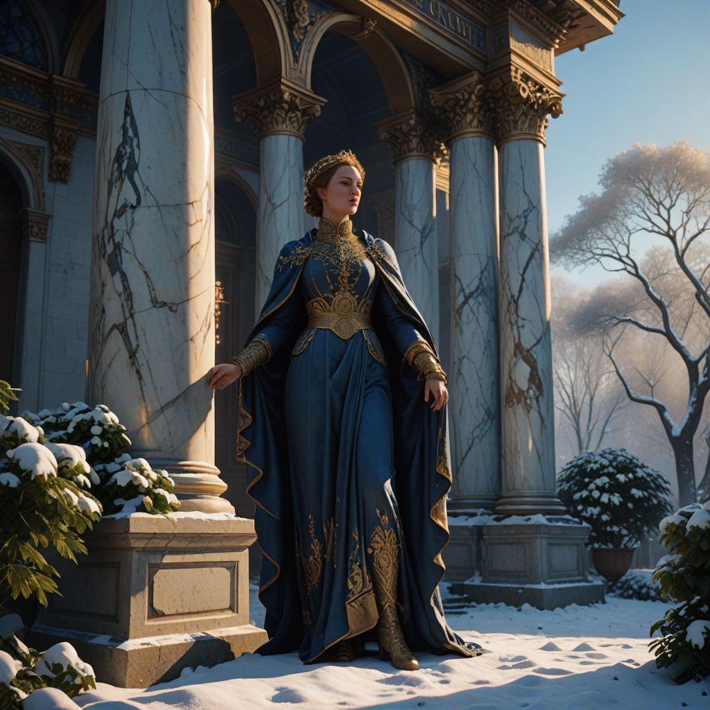 Regal Figure in Snowy Garden, Masterpiece in Neoclassical St...