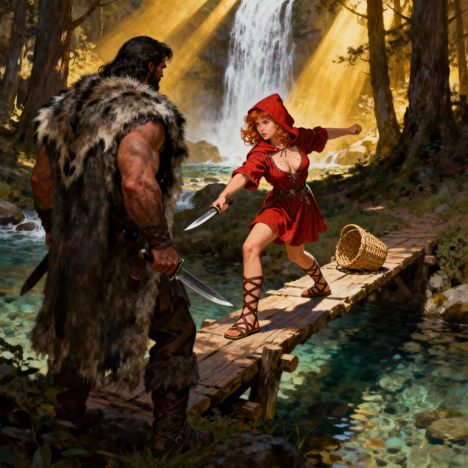 Fantasy Adventuress Fights Thug on Forest Bridge