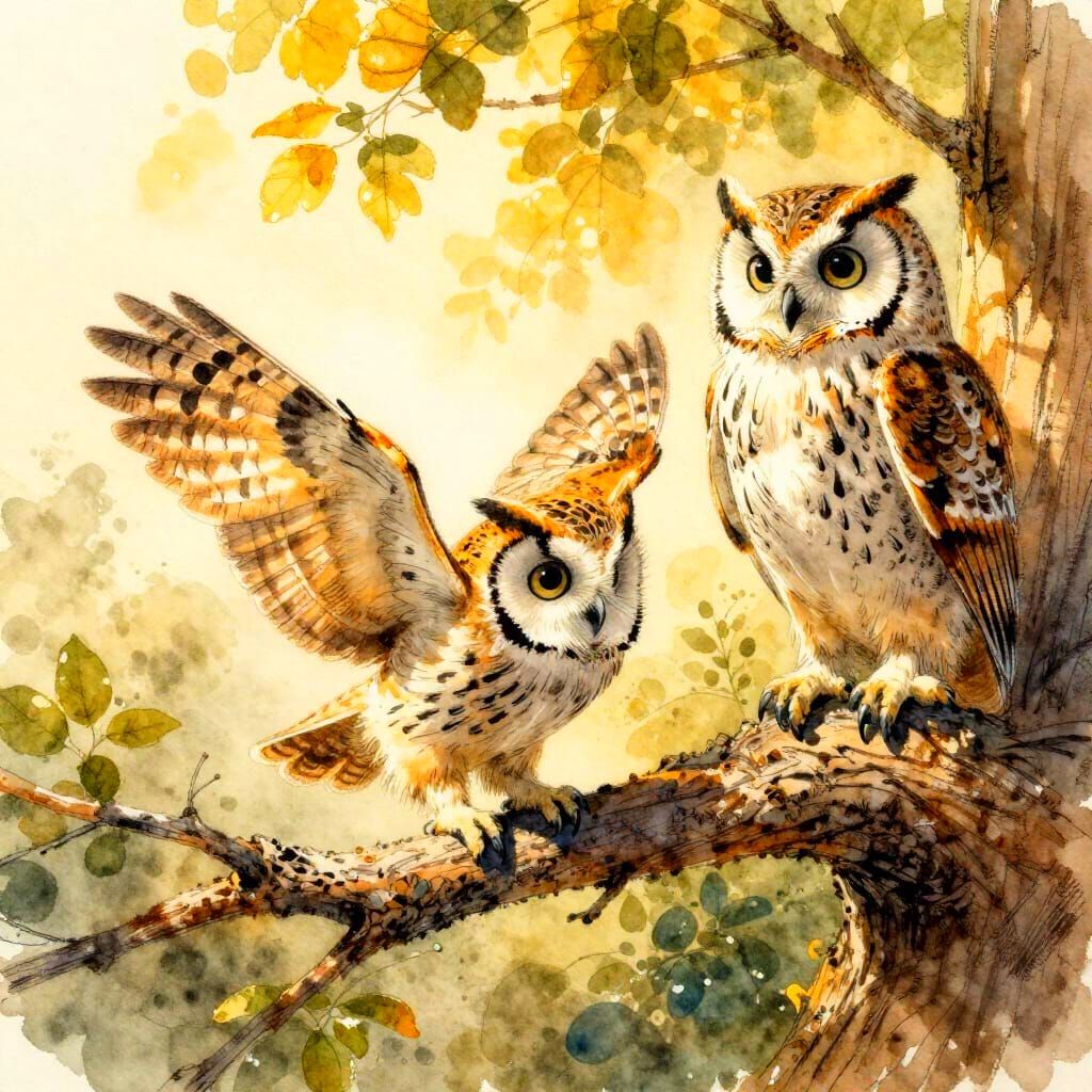Owlet Gliding from Branch as Elder Owl Watches Proudly