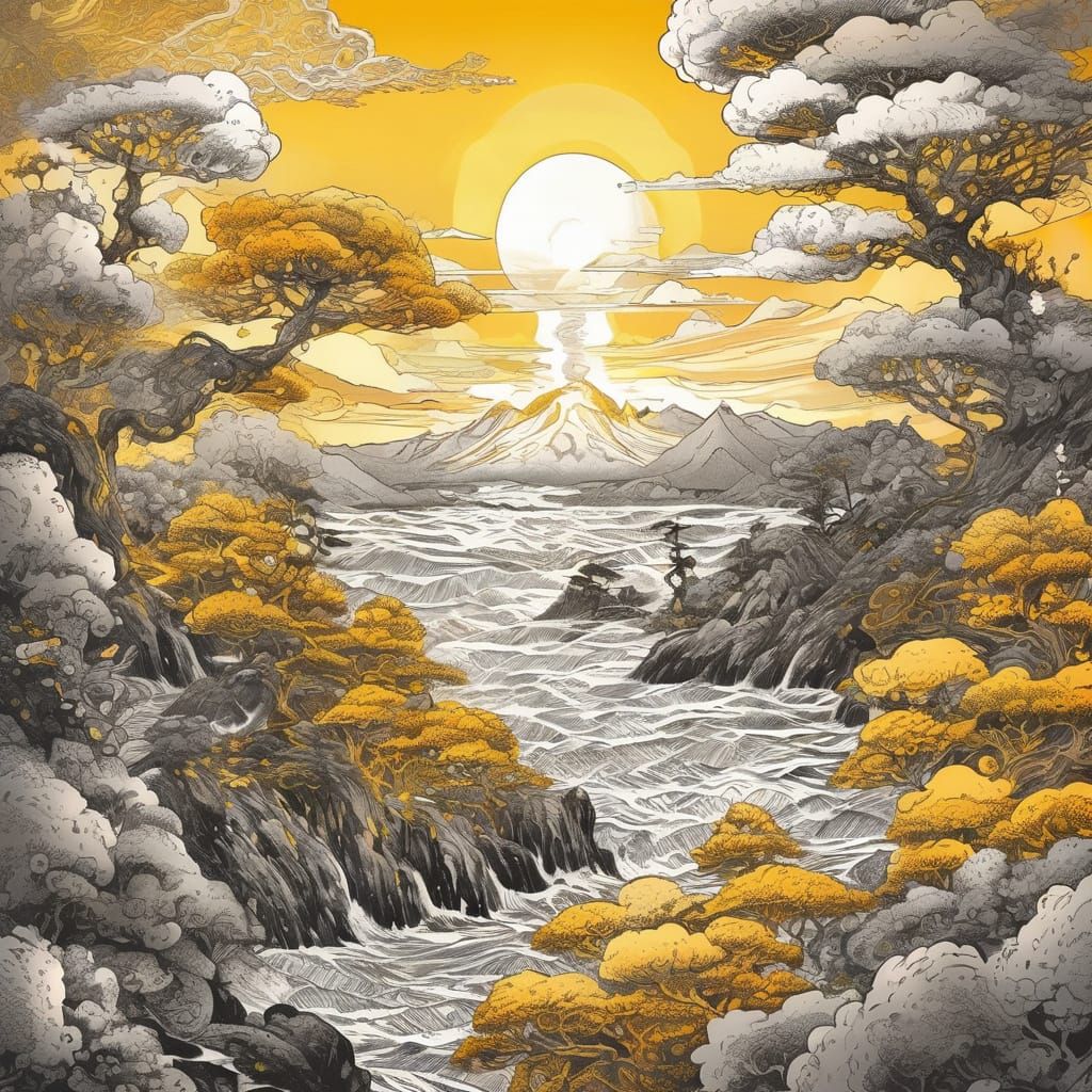 Intricate Golden Hour Illustration in Liquid Ink and Metal