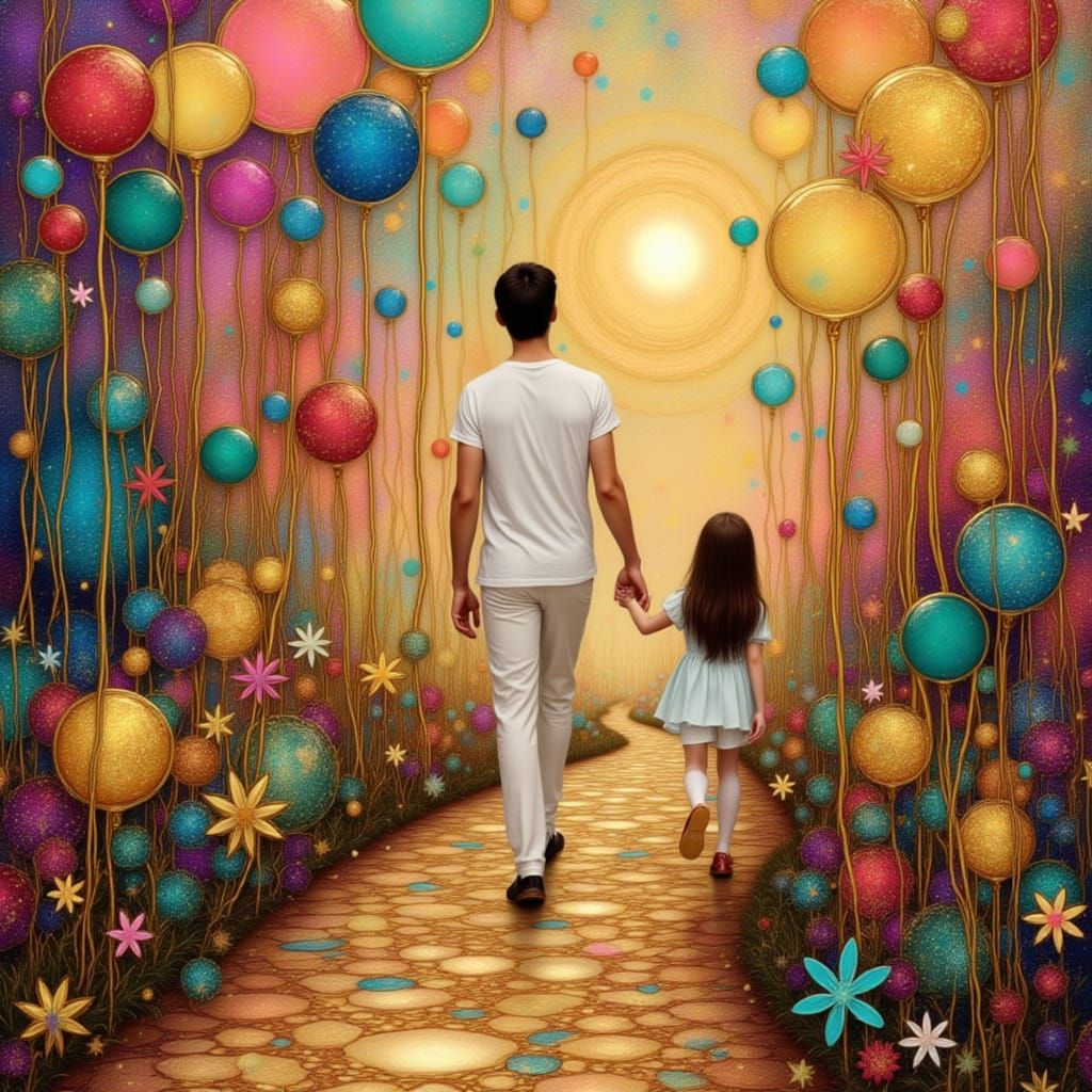 Father and Daughter Walking in Iridescent Style